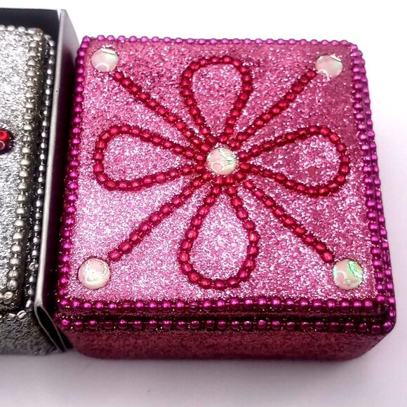 Set Of 3 Pier 1 Imports Jeweled Beaded Holiday Gift Ring Boxes Red Silver Pink - Picture 3 of 13